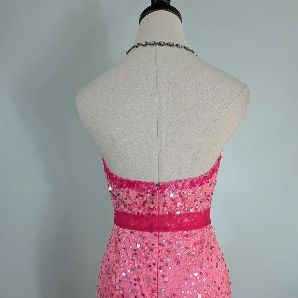 Mermaid Prom Dress Maxi Gown 4 Pink Vintage Y2K Sequin Strapless Coquette Girly - Picture 8 of 11